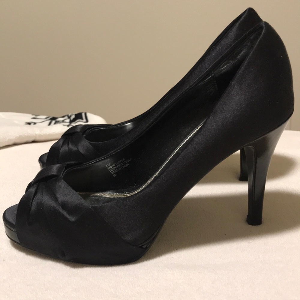 WHBM black satin peep toe heels.
